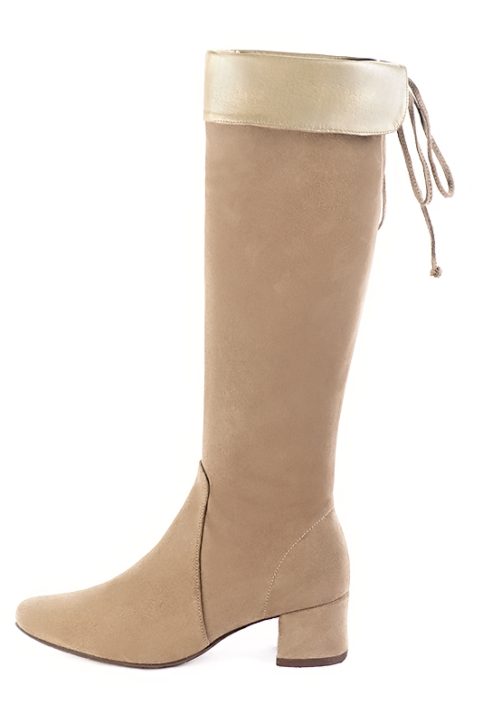 Tan beige and gold women's knee-high boots, with laces at the back. Round toe. Low flare heels. Made to measure. Profile view - Florence KOOIJMAN